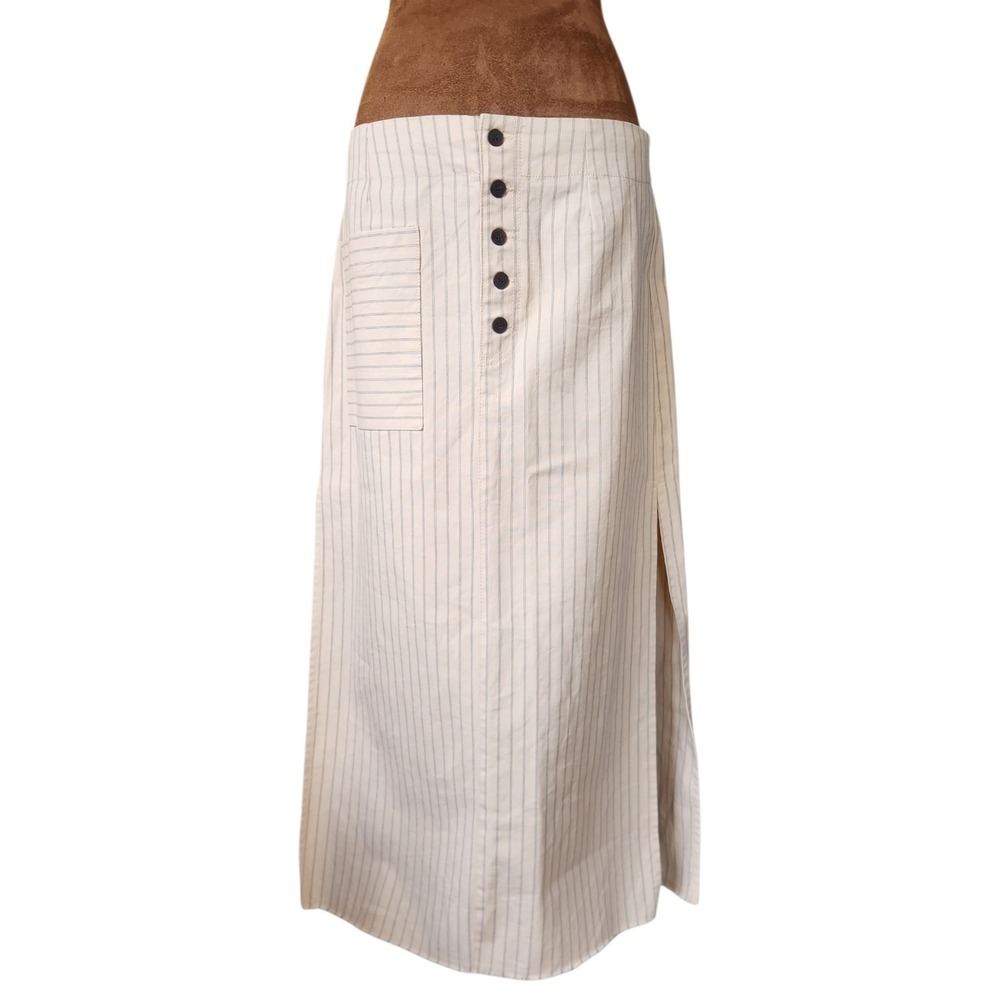 Zara Womens Striped Maxi Skirt Beige Size L Stretchy Buttons Side Slits